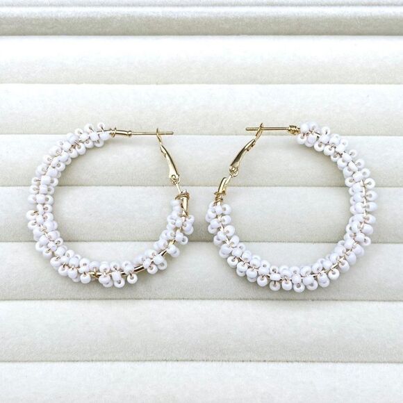 Yellow Gold Wire Wrapped White Beaded Open Round Hinged Post Hoop Earrings - Picture 4 of 9